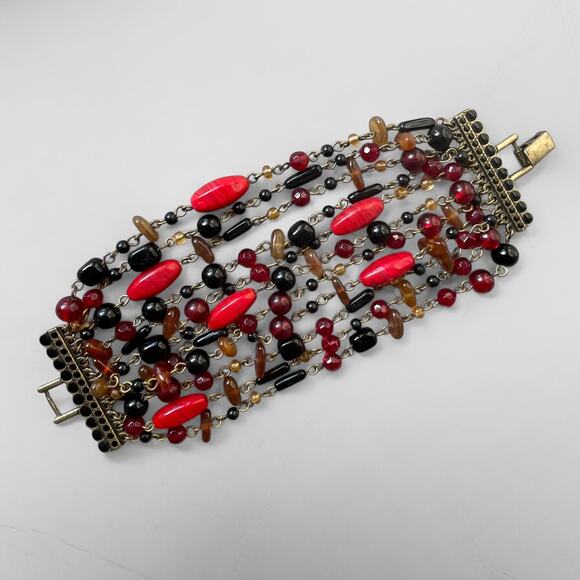 VTG Giant Murano Glass Bead Multi-Stand Chain Bracelet Wide Red Boho 70s Cuff - Picture 5 of 7